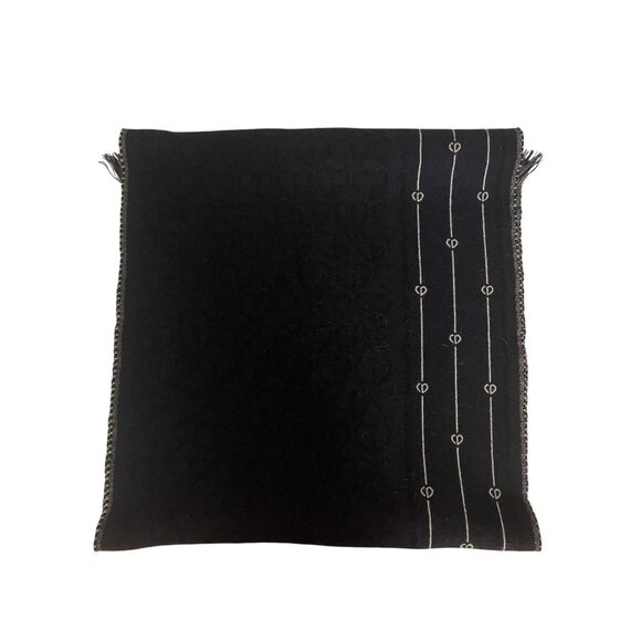 Christian Dior Black Wool Scarf W/ Monogram Pattern & Fringe - Picture 3 of 8